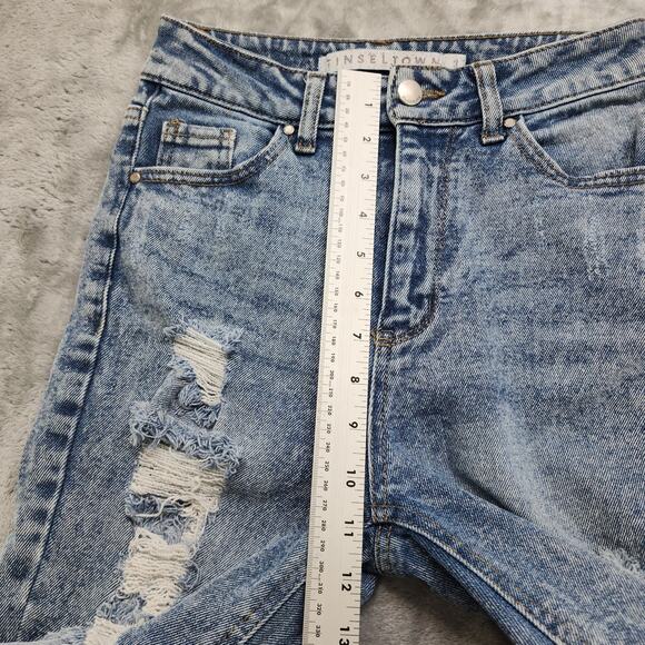Tinseltown Jeans Womens 3‎ Juniors Blue Destructed High Rise Mom Jean Distressed - Picture 7 of 10